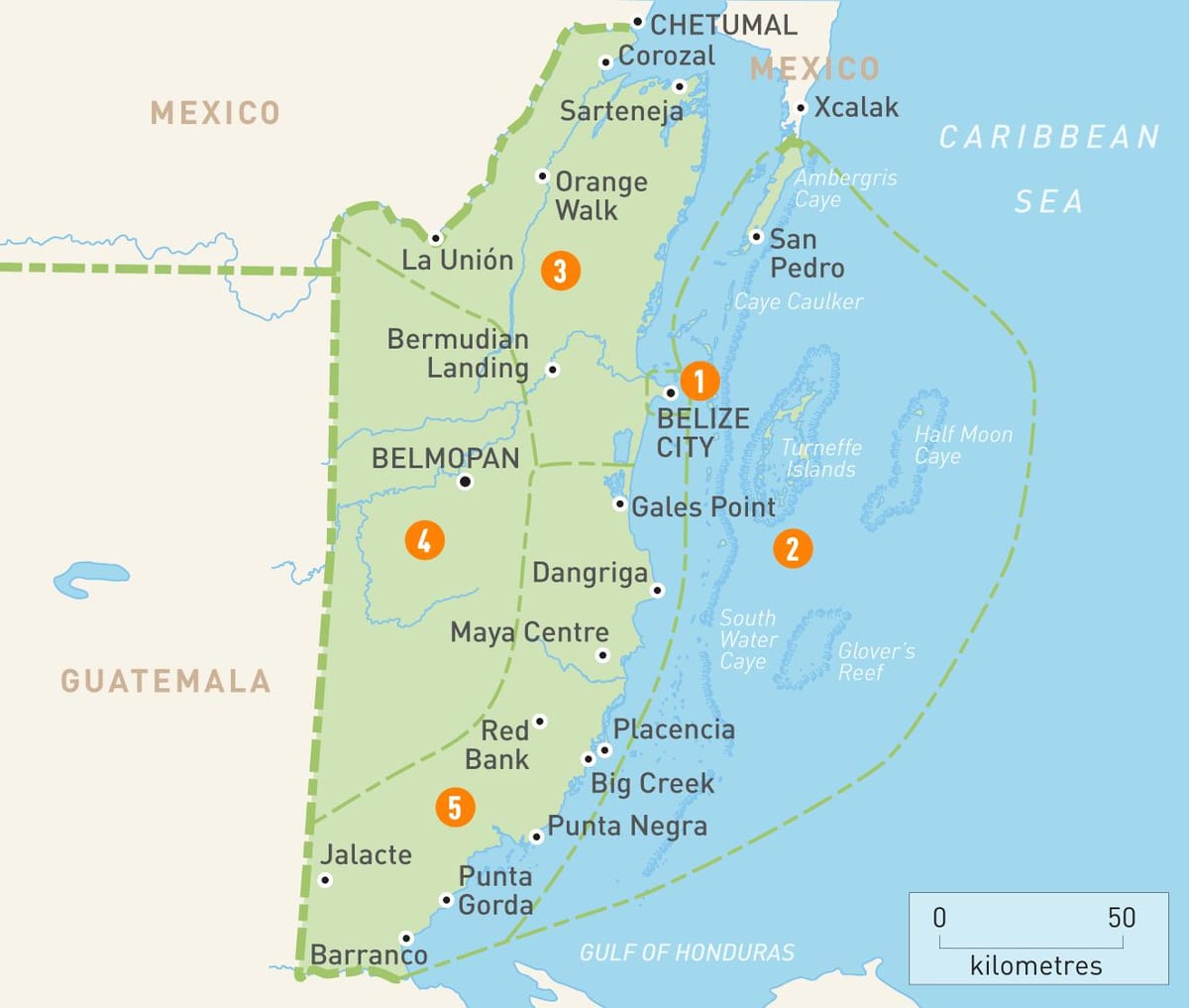 Kaart van Belize en omliggende lande