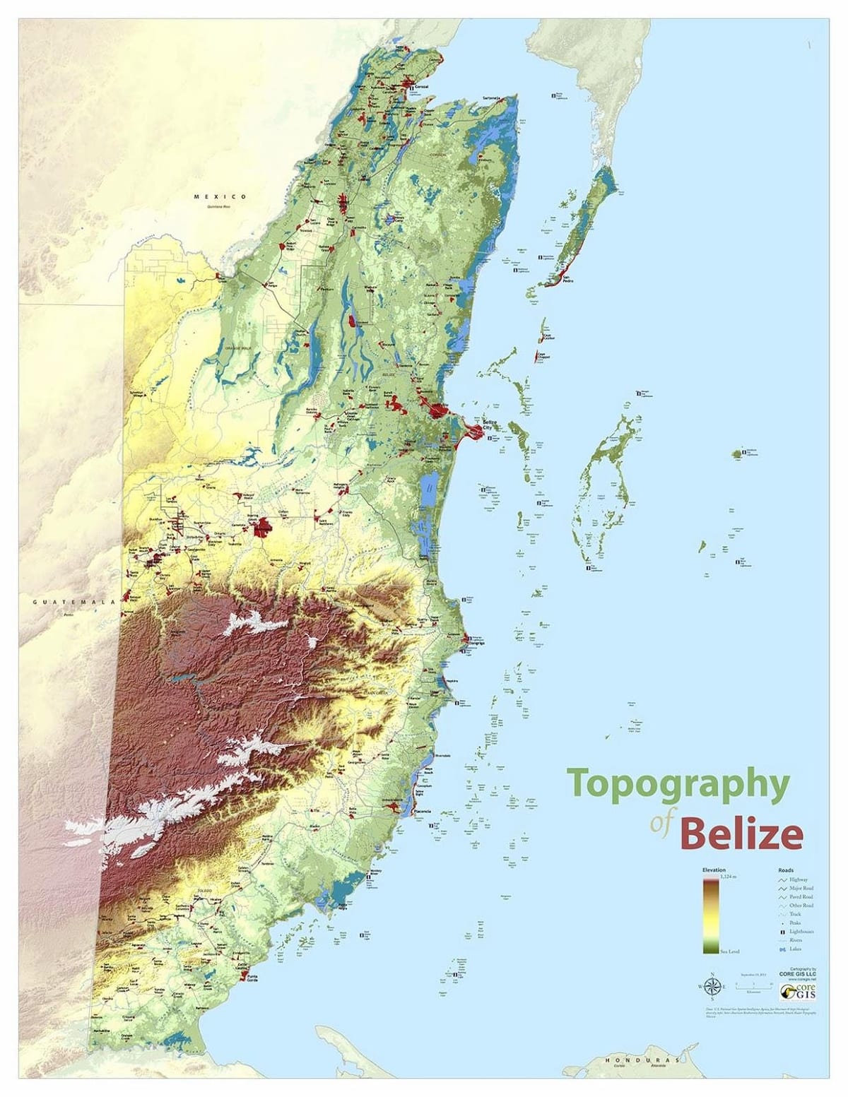 Kaart van die topografiese Belize
