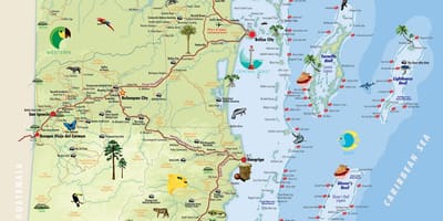 Kaart van die Belize-aantreklikhede